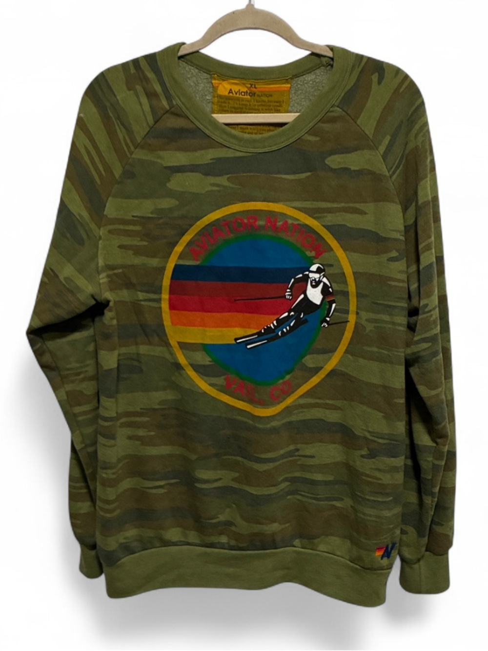 Aviator Nation Green Camo Vail CO Graphic Crewneck Oversized Sweatshirt